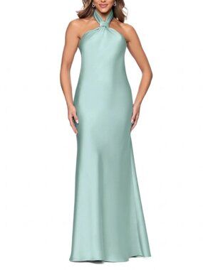 Betsy & Adam Esmeralda Satin Double Knotted Halter Neck Dress Sage Size 8 NWT